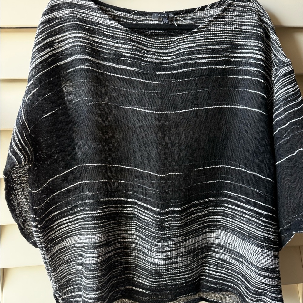 Eileen Fisher Black Illusion Mesh Bateau Neck Organic Linen Blend Top Size XL